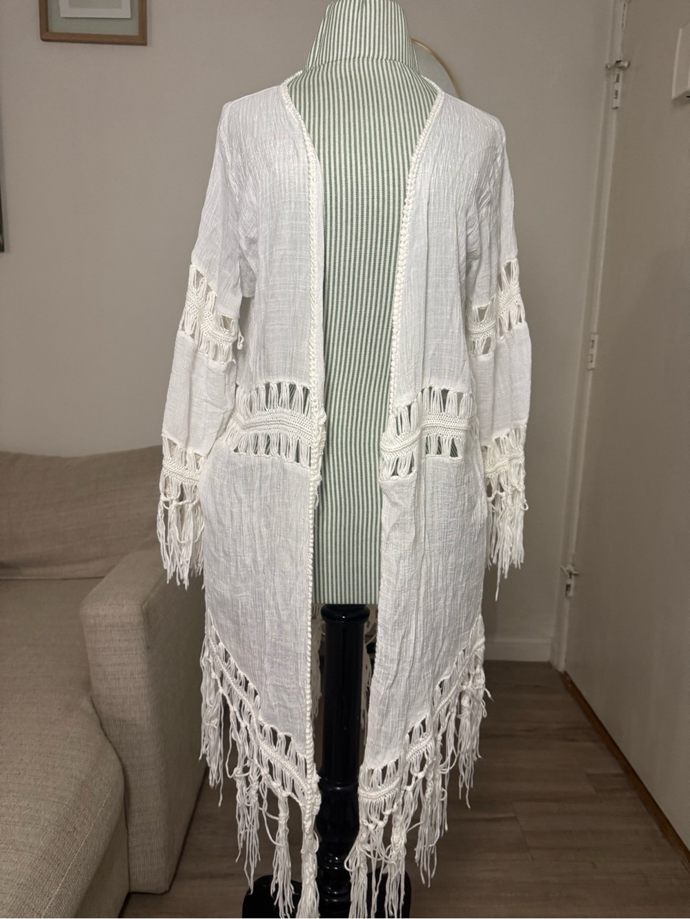 Vivid White Crochet Fringe Open Front Kimono Cardigan L